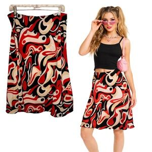 Vintage Tabloid Red Black Psychedelic Swirl Print‎ Midi Skirt Size 13/14 Y2K L